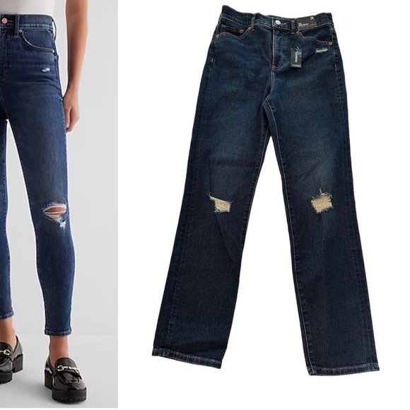 Express NWT Slim Super High Rise Distressed Ripped Knees Jeans - Picture 1 of 7